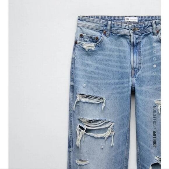 NWT ZARA Low Rise Super Wide Leg Jeans Size 0 Destroyed DIstressing Detail - Picture 2 of 12